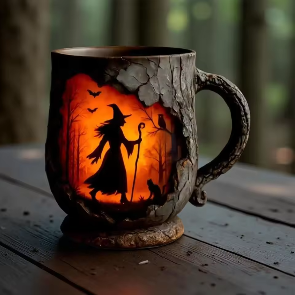 Lampada Decorativa Premium – Handcrafted 3D Halloween Mug – Witch and Cat Design