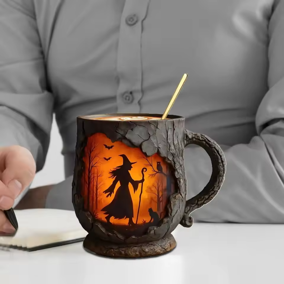 Lampada Decorativa Premium – Handcrafted 3D Halloween Mug – Witch and Cat Design