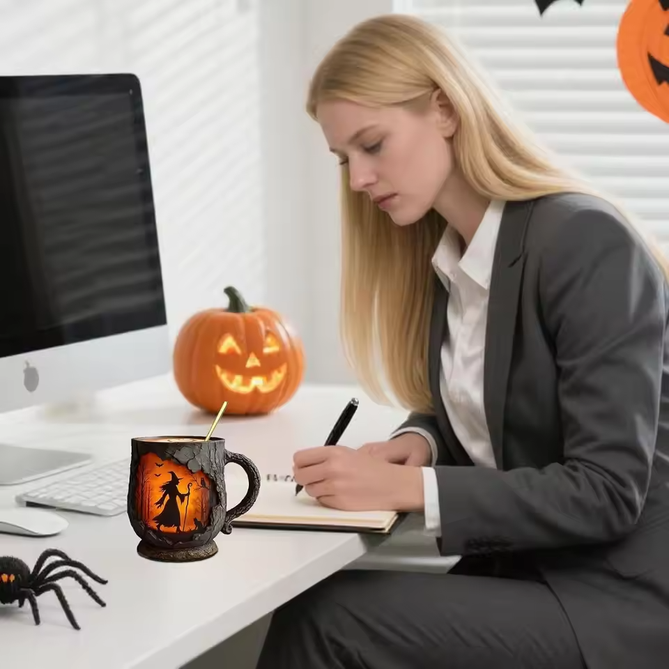 Lampada Decorativa Premium – Handcrafted 3D Halloween Mug – Witch and Cat Design
